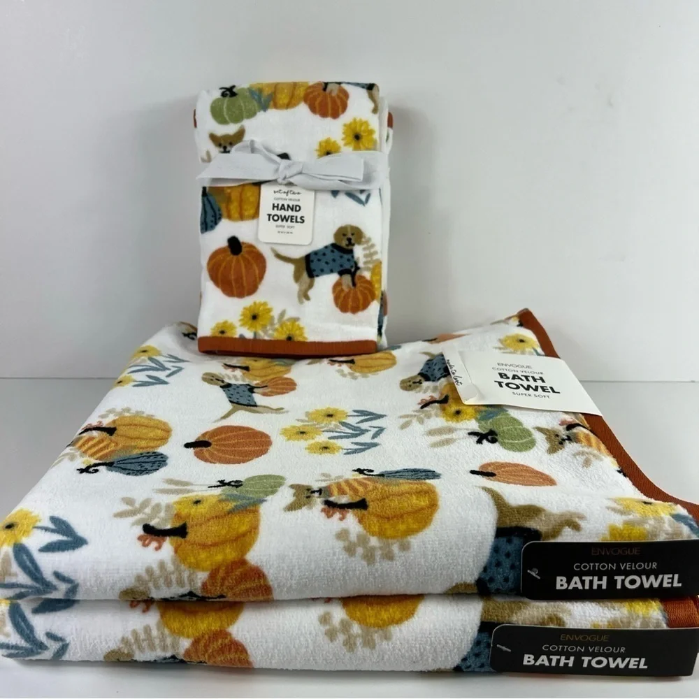 Envogue Bath Towel Set Pumpkins Puppies Dogs Cotton Velour - 4 Piece Set - NEW